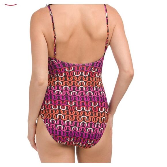 TRINA TURK Echo Chain Print Scoopneck One-piece Swimsuit Pink Orange Multi Geo 8 - Picture 2 of 3